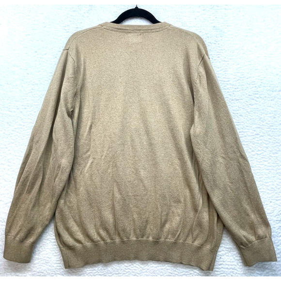 LL Bean Mens Sweater Extra Large Tan Cotton Cashmere V Neck Preppy Cabincore - Picture 2 of 10